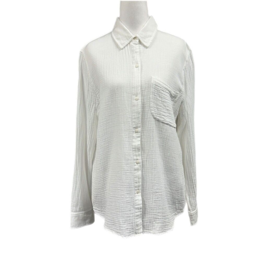 Quince Gauze Cotton Long Sleeve Button Up Blouse Sz M White
